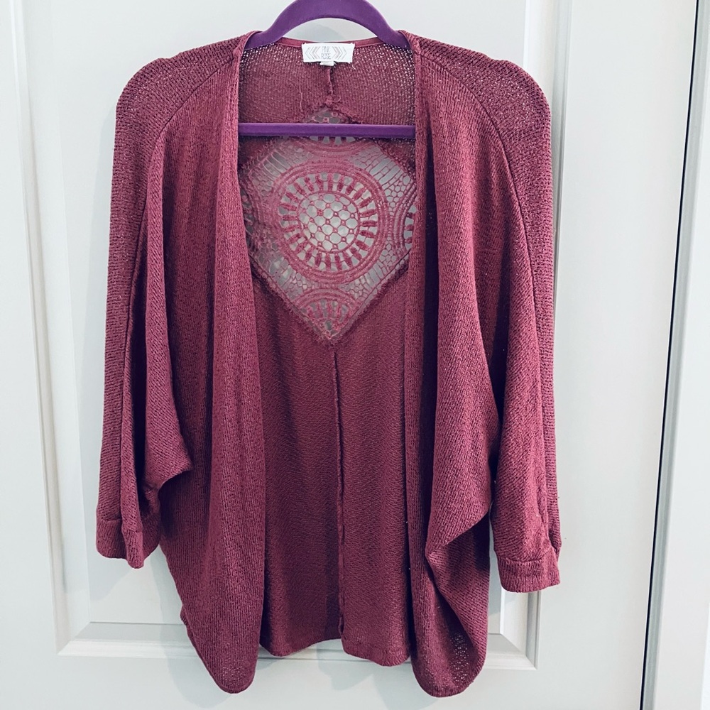 Pink Rose Knit Cardigan with Crocheted Motif on Back/Mauve - Size L